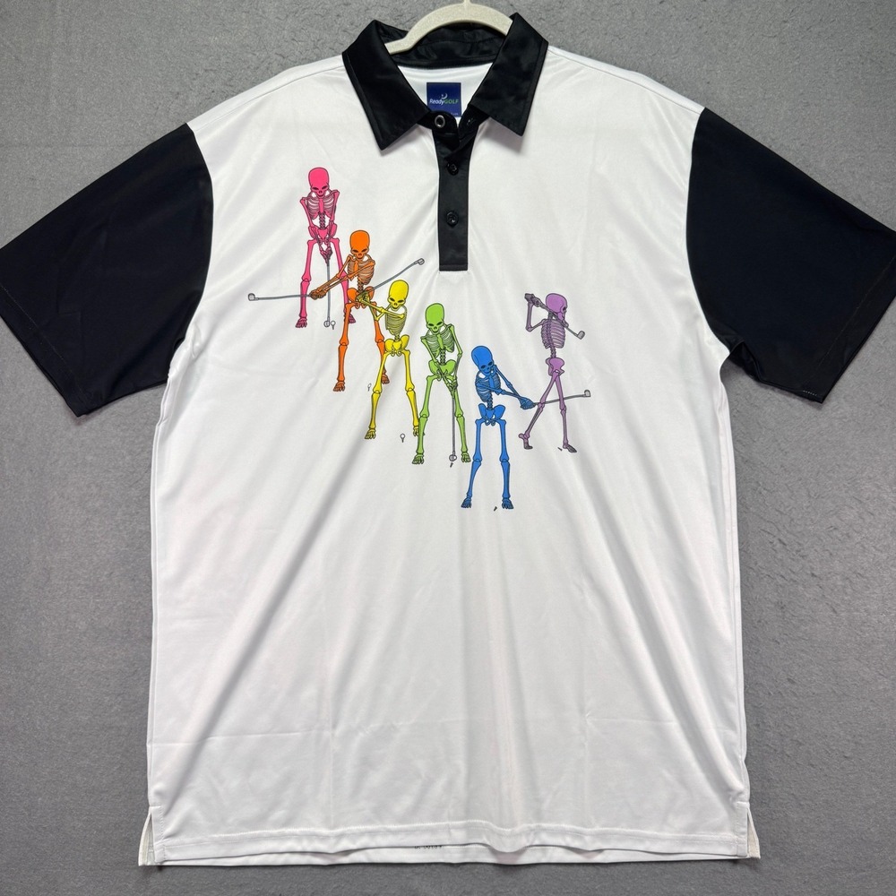ReadyGOLF Mens XL Skeleton‎ Golf Polo Shirt White Black Rainbow Short Sleeve
